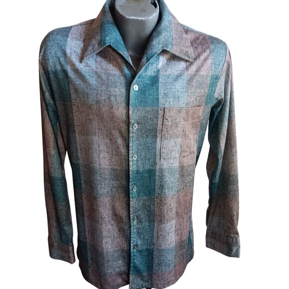 Large  Vintage Men's Disco Shirt 1970's Joel Checker Green Polyester Stretch USA - Picture 2 of 6